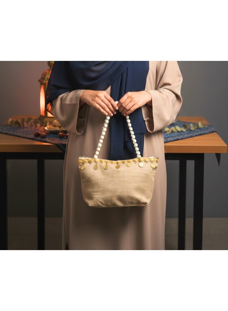 حقيبة هدايا رمضانية مميزة للأطفال - مصنوعة من الجوت الجميل مع مقبض من اللؤلؤ ودانتيل ذهبي - حقيبة رمضانية احتفالية - Image 2